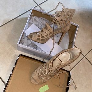 Natural suede open toe lace up heels